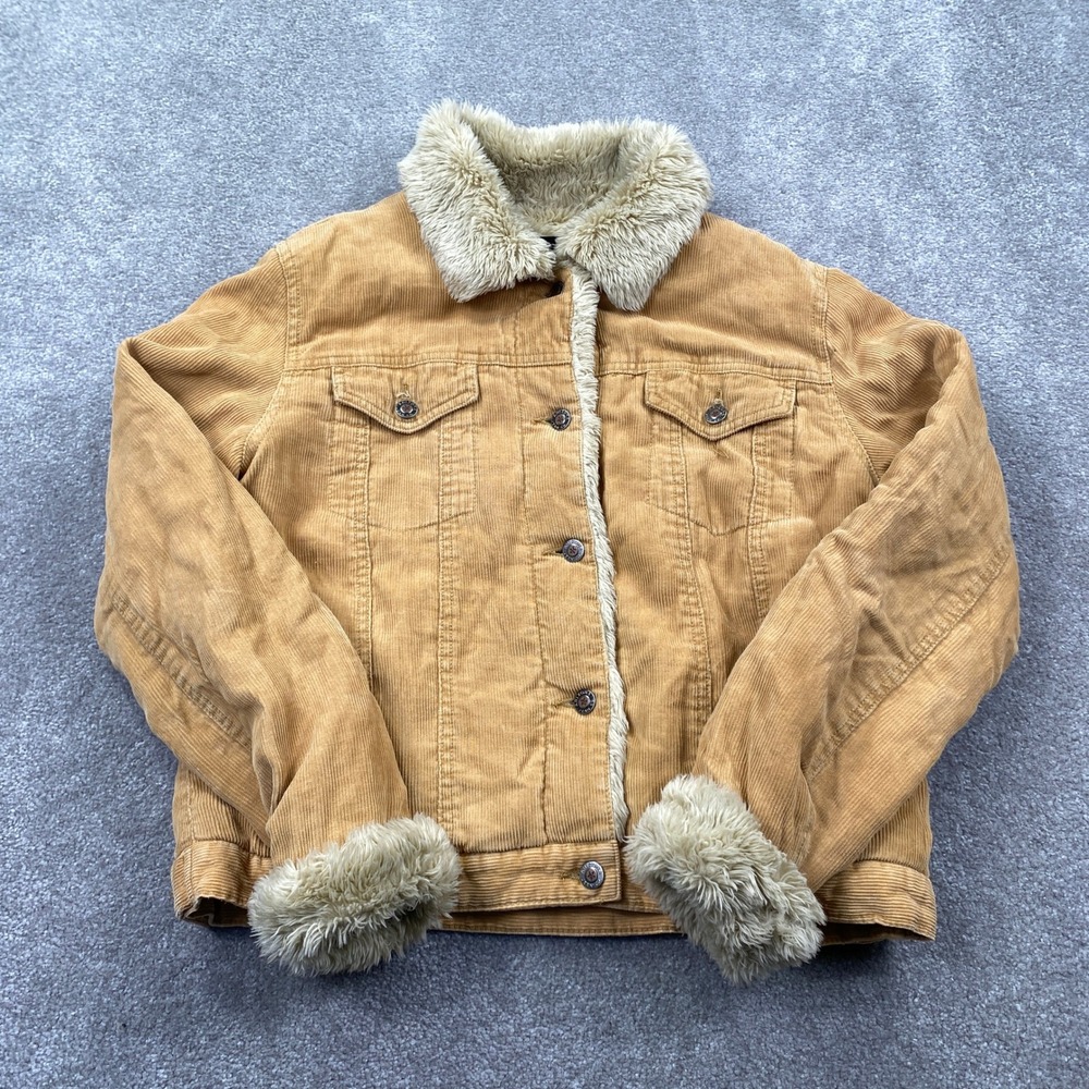 Arizona Corduroy Sherpa Jacket Womens Large Tan Trucker Faux Fur Trim Boho